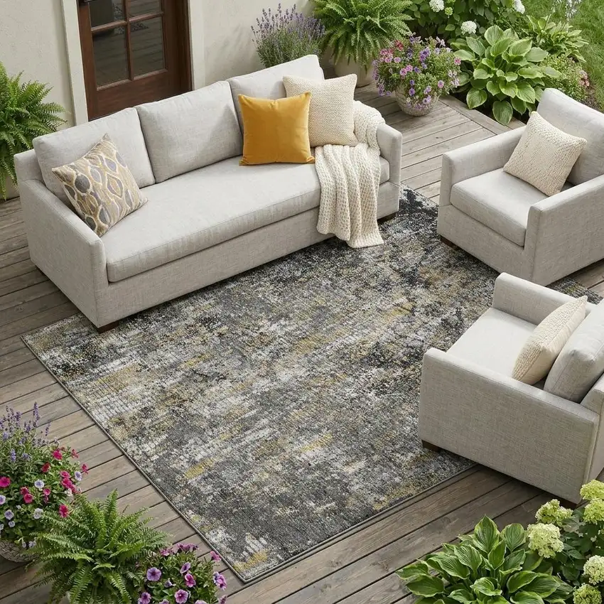 Black And Taupe Abstract Washable Indoor Outdoor Area Rug Photo 1