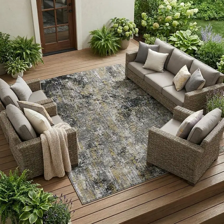 Black And Taupe Abstract Washable Indoor Outdoor Area Rug Photo 1