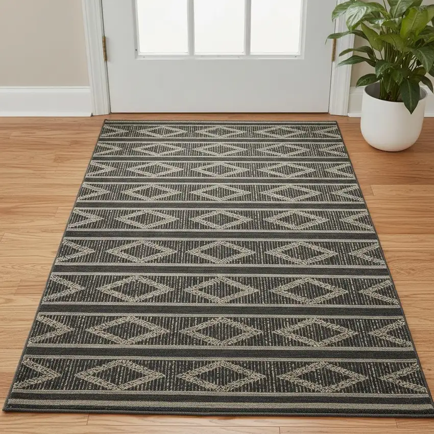 Black And Taupe Geometric Washable Area Rug With UV Protection Photo 2