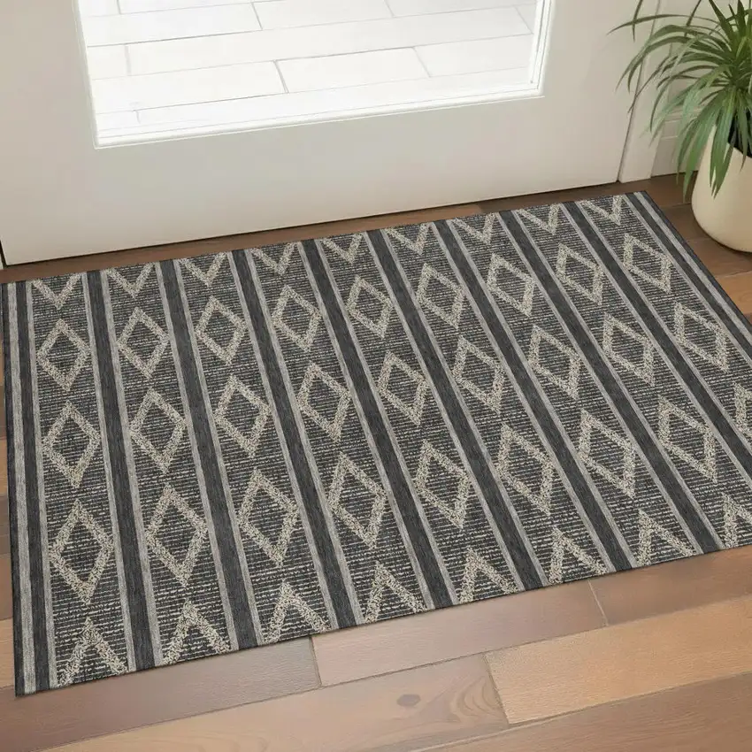 Black And Taupe Geometric Washable Area Rug With UV Protection Photo 1