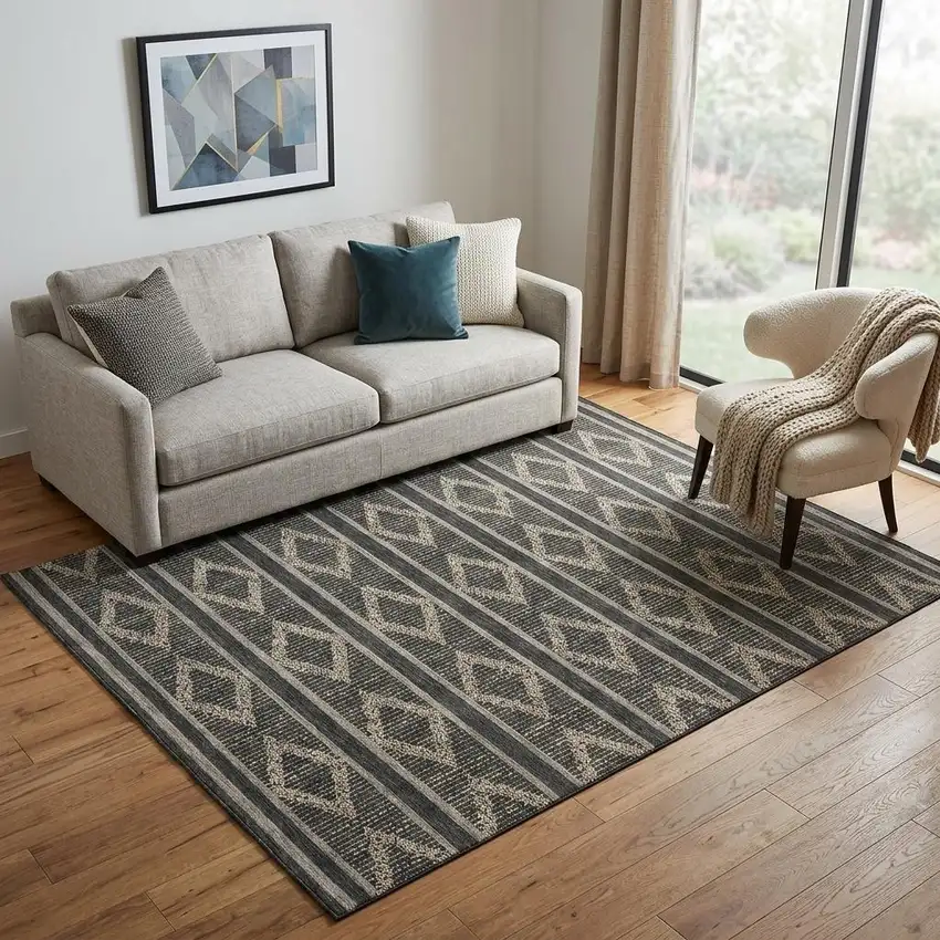 Black And Taupe Geometric Washable Area Rug With UV Protection Photo 1