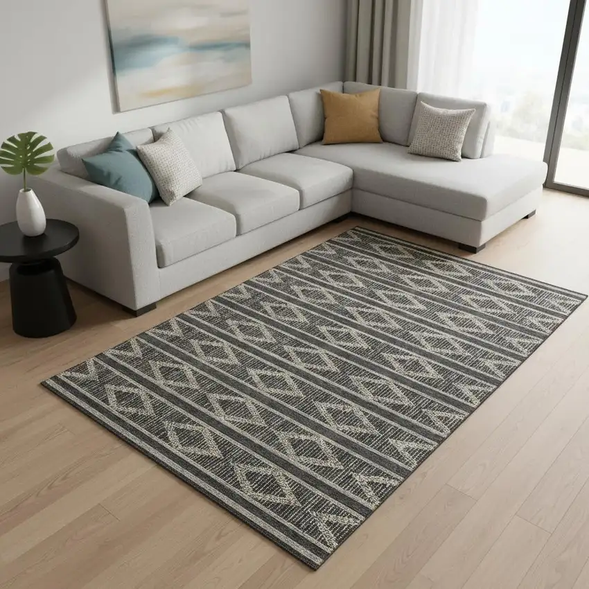Black And Taupe Geometric Washable Area Rug With UV Protection Photo 2
