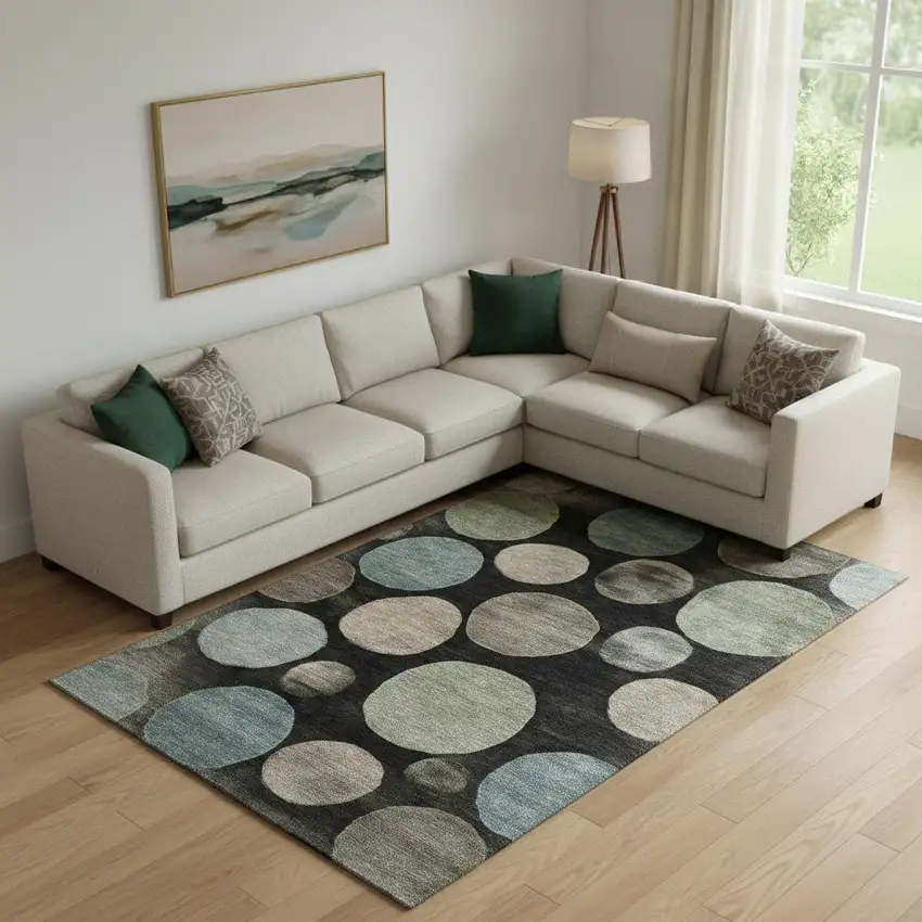 Black And Taupe Geometric Washable Area Rug With UV Protection Photo 2