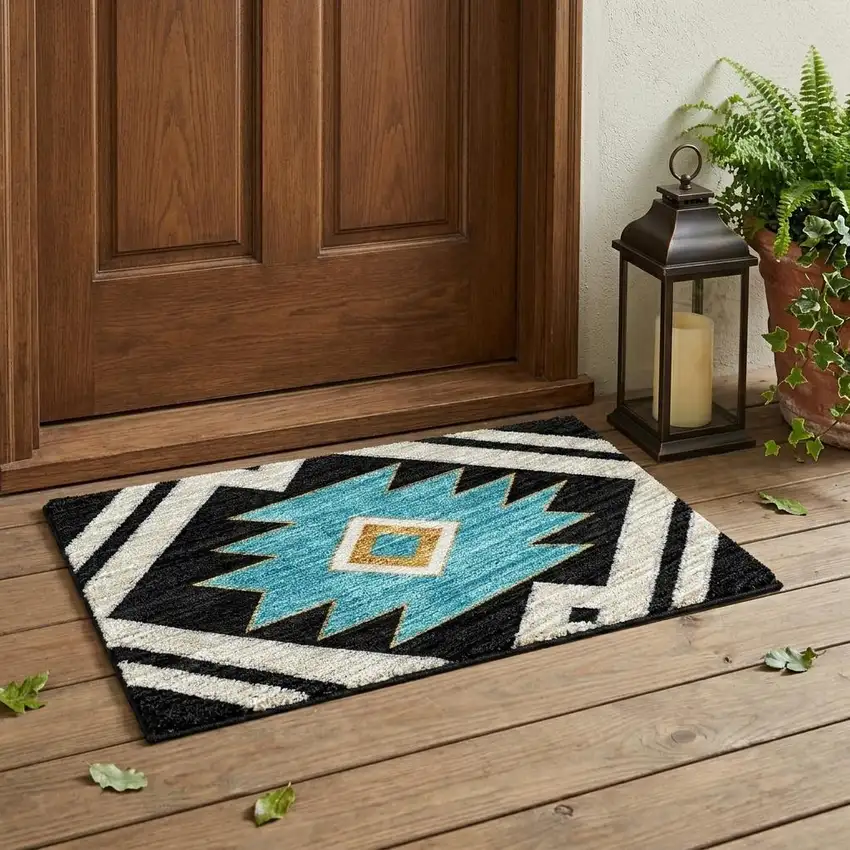 Black And Taupe Southwestern Washable Indoor Outdoor Area Rug Photo 1