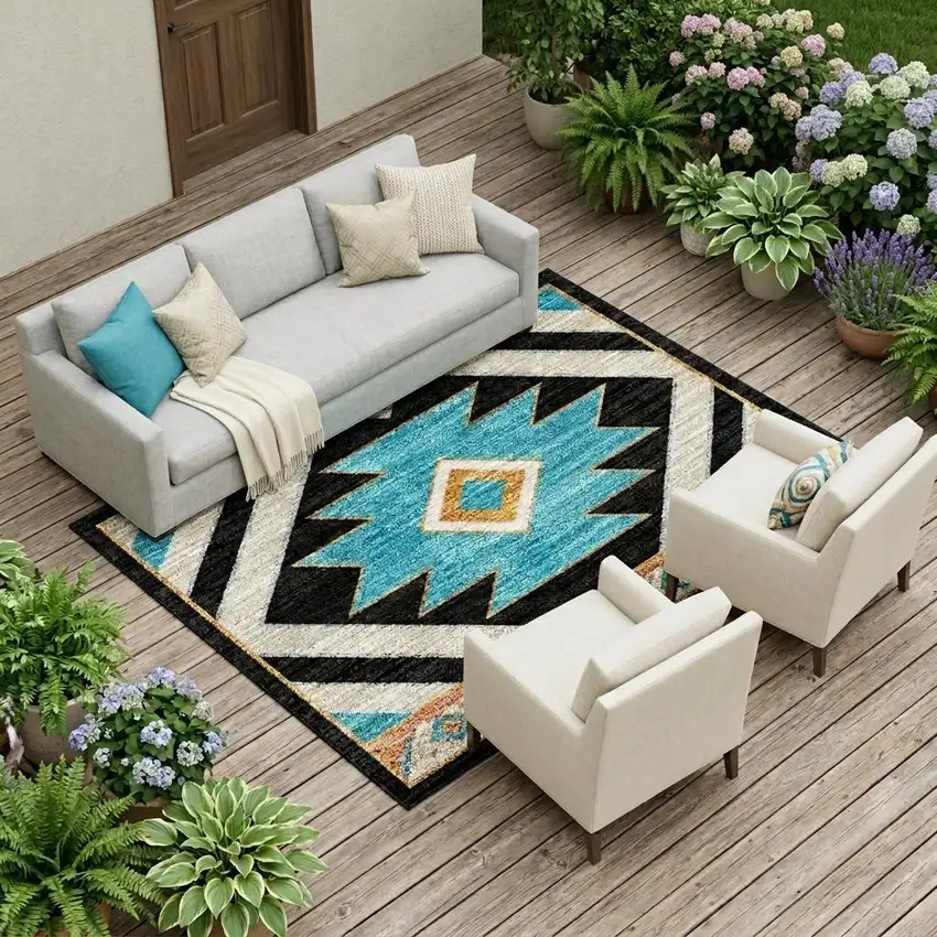 Black And Taupe Southwestern Washable Indoor Outdoor Area Rug Photo 1