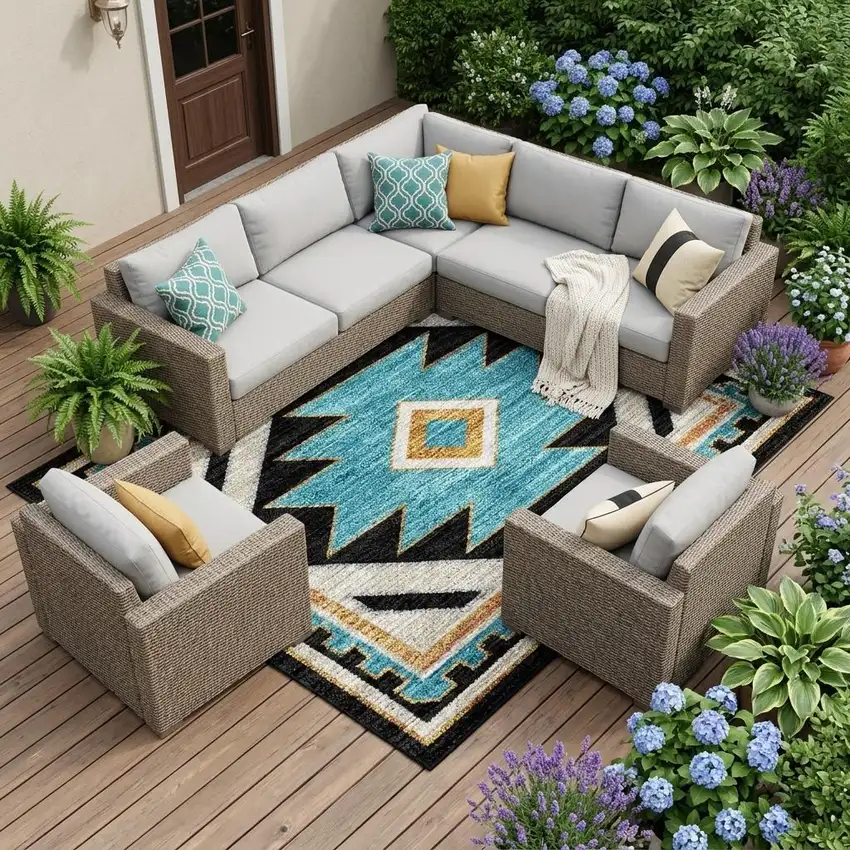 Black And Taupe Southwestern Washable Indoor Outdoor Area Rug Photo 1