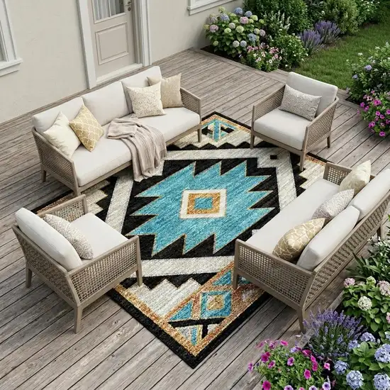 Black And Taupe Southwestern Washable Indoor Outdoor Area Rug Photo 1