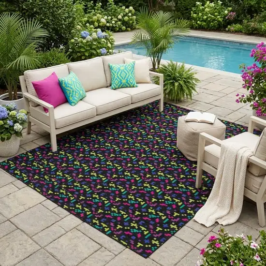 Black And Teal Blue Abstract Washable Indoor Outdoor Area Rug Photo 1