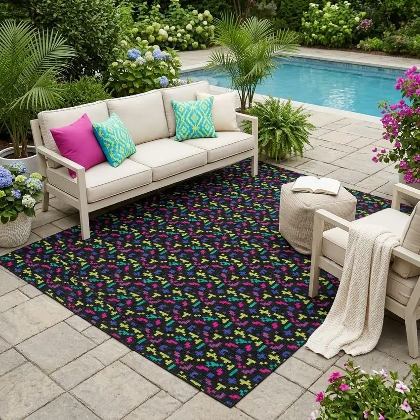 Black And Teal Blue Abstract Washable Indoor Outdoor Area Rug Photo 1
