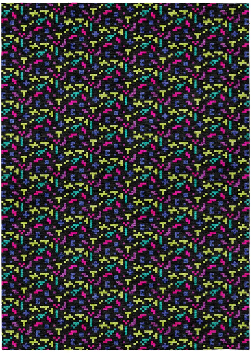 Black And Teal Blue Abstract Washable Indoor Outdoor Area Rug Photo 2