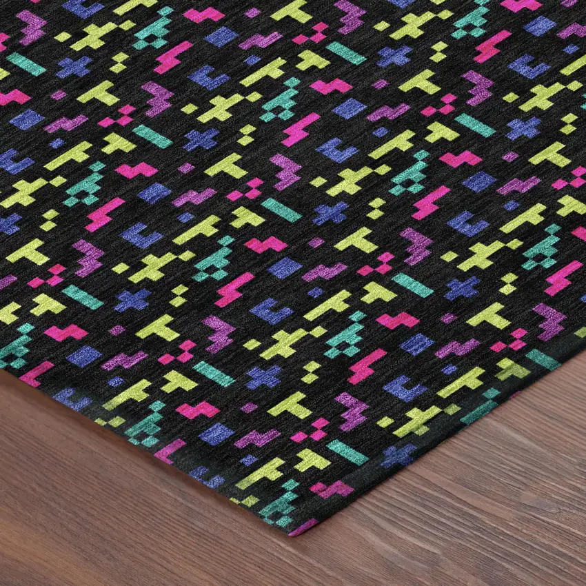 Black And Teal Blue Abstract Washable Indoor Outdoor Area Rug Photo 3
