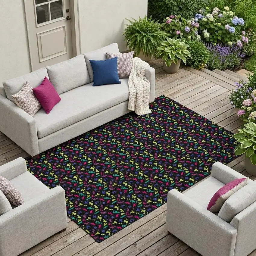 Black And Teal Blue Abstract Washable Indoor Outdoor Area Rug Photo 1
