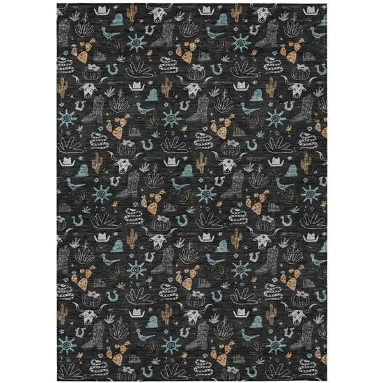Black And Teal Blue Cactus Washable Indoor Outdoor Area Rug Photo 2