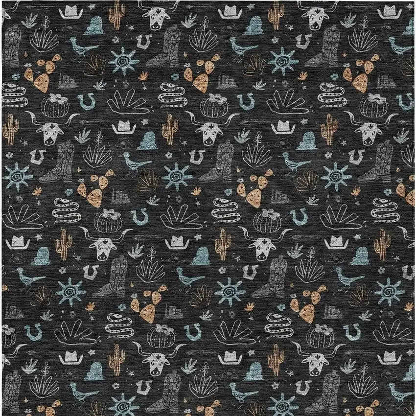 Black And Teal Blue Cactus Washable Indoor Outdoor Area Rug Photo 4