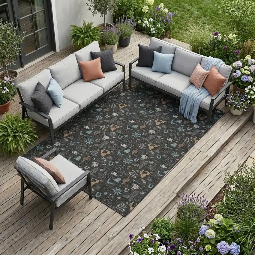 Black And Teal Blue Cactus Washable Indoor Outdoor Area Rug Photo 1