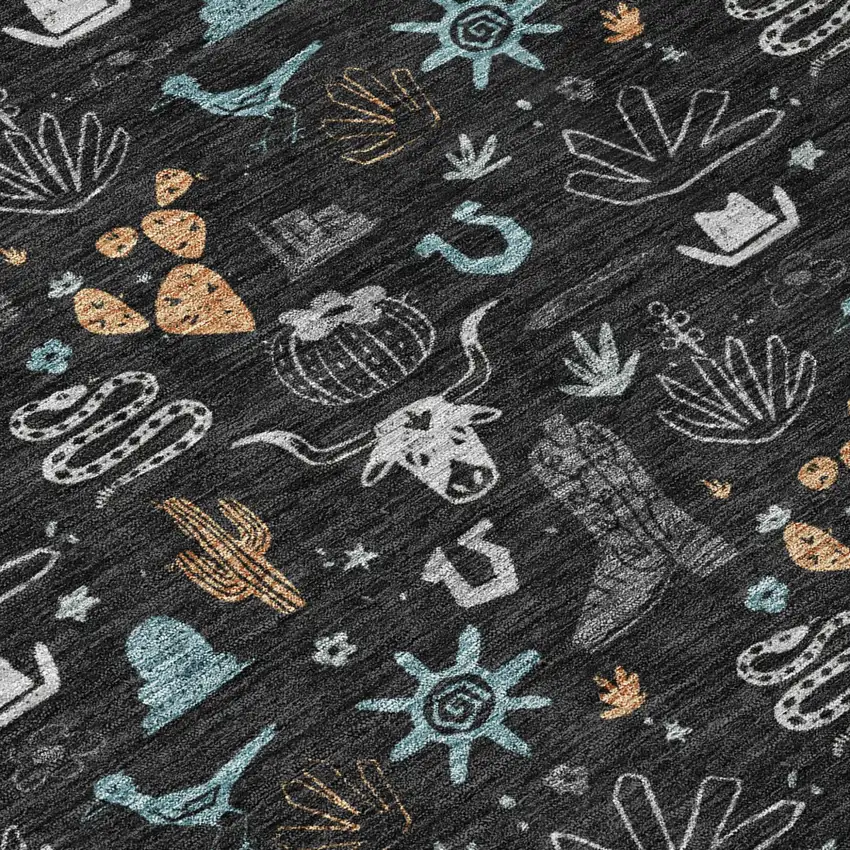 Black And Teal Blue Cactus Washable Indoor Outdoor Area Rug Photo 6