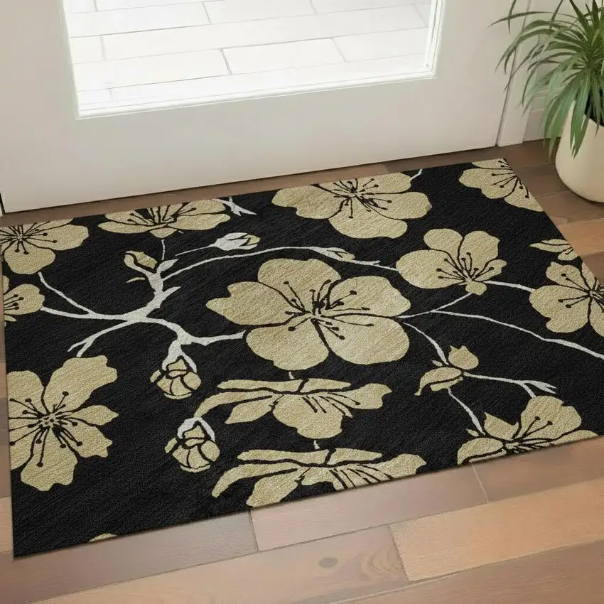 Black And Wheat Floral Washable Area Rug With UV Protection Photo 2
