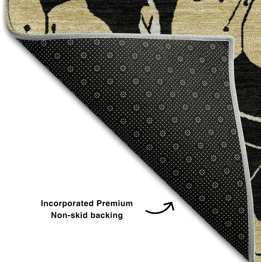 Black And Wheat Floral Washable Area Rug With UV Protection Photo 7
