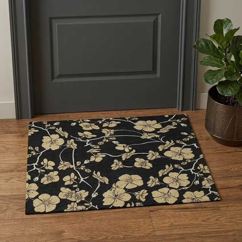Black And Wheat Floral Washable Area Rug With UV Protection Photo 1