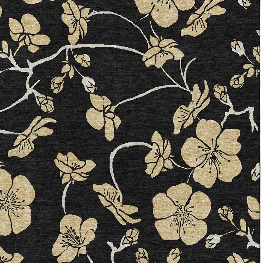 Black And Wheat Floral Washable Area Rug With UV Protection Photo 3