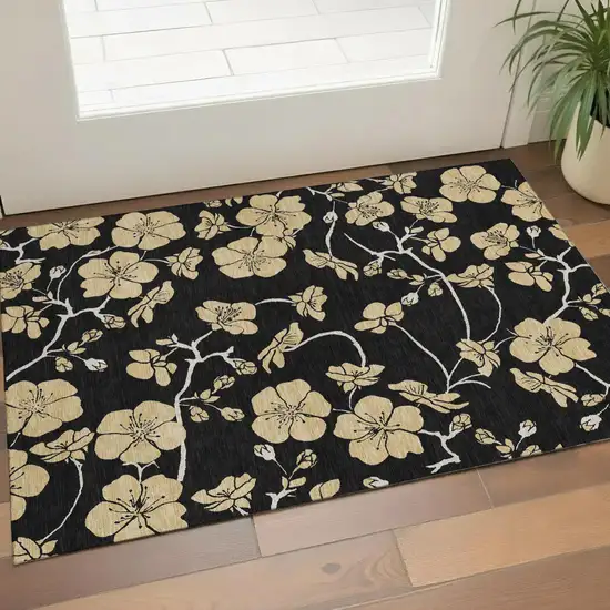 Black And Wheat Floral Washable Area Rug With UV Protection Photo 1