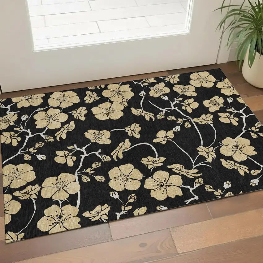 Black And Wheat Floral Washable Area Rug With UV Protection Photo 1