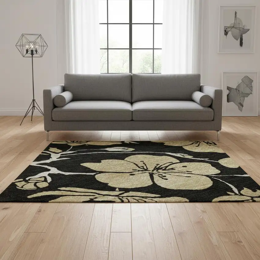 Black And Wheat Floral Washable Area Rug With UV Protection Photo 2