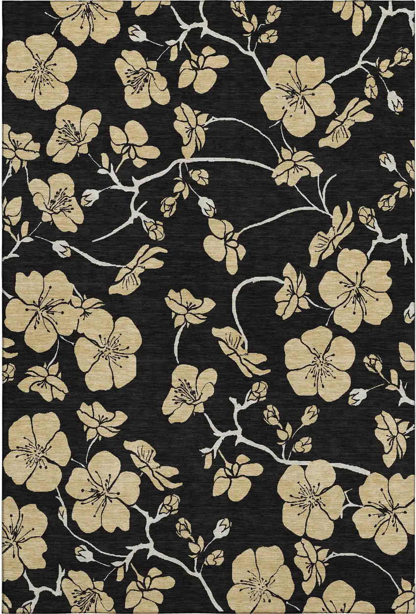 Black And Wheat Floral Washable Area Rug With UV Protection Photo 6