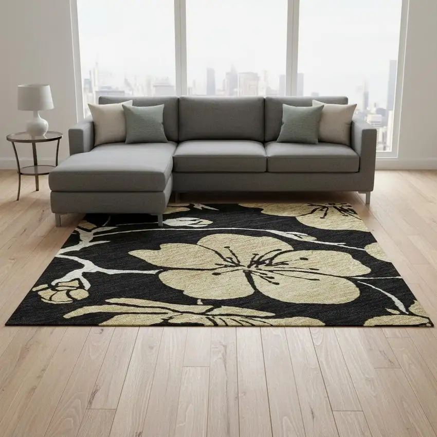 Black And Wheat Floral Washable Area Rug With UV Protection Photo 2