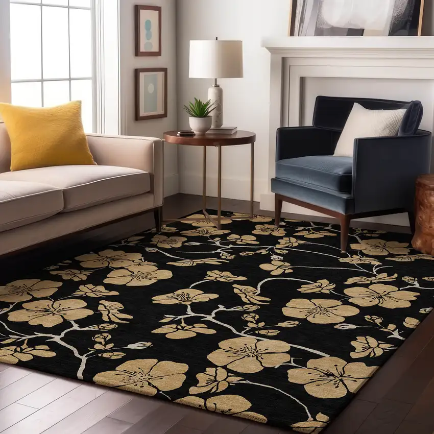 Black And Wheat Floral Washable Area Rug With UV Protection Photo 4
