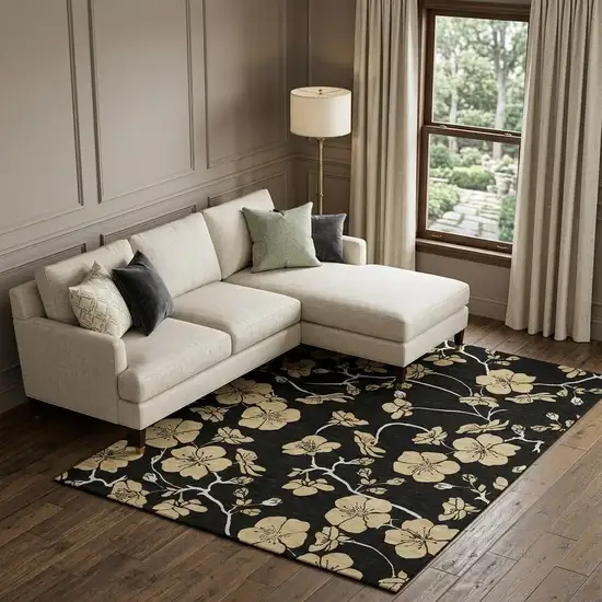 Black And Wheat Floral Washable Area Rug With UV Protection Photo 1