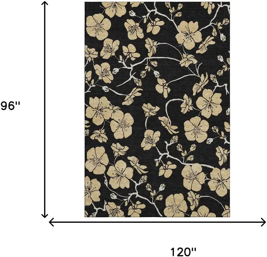 Black And Wheat Floral Washable Area Rug With UV Protection Photo 7