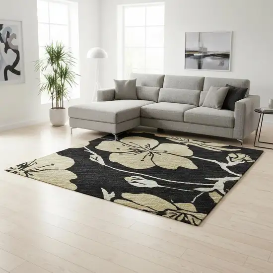 Black And Wheat Floral Washable Area Rug With UV Protection Photo 2