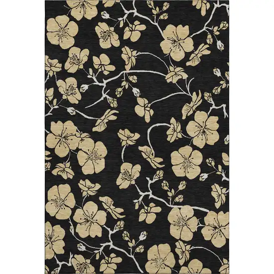 Black And Wheat Floral Washable Area Rug With UV Protection Photo 6