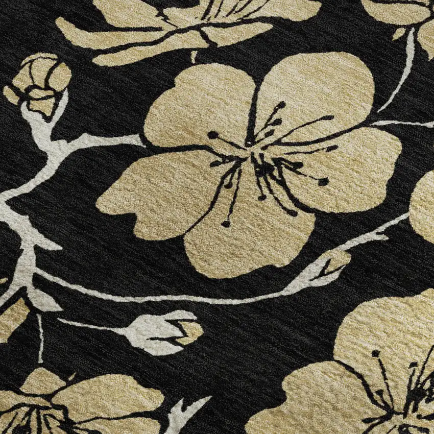 Black And Wheat Floral Washable Area Rug With UV Protection Photo 3