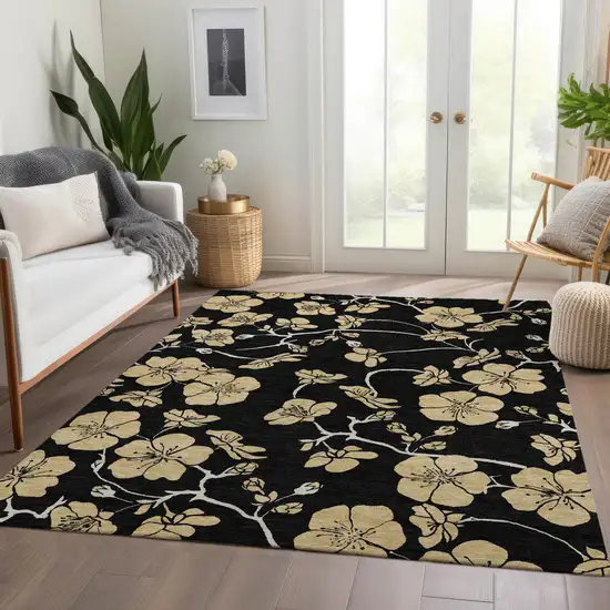 Black And Wheat Floral Washable Area Rug With UV Protection Photo 5