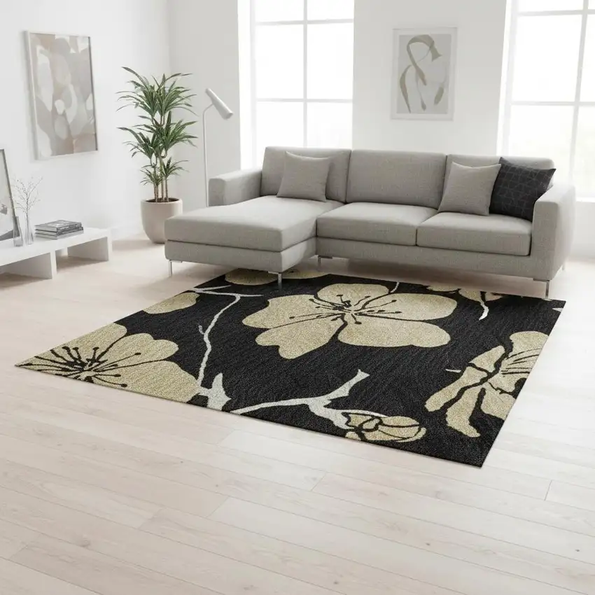 Black And Wheat Floral Washable Area Rug With UV Protection Photo 2