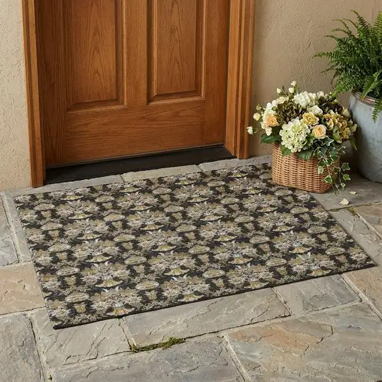 Black And Wheat Floral Washable Indoor Outdoor Area Rug Photo 1