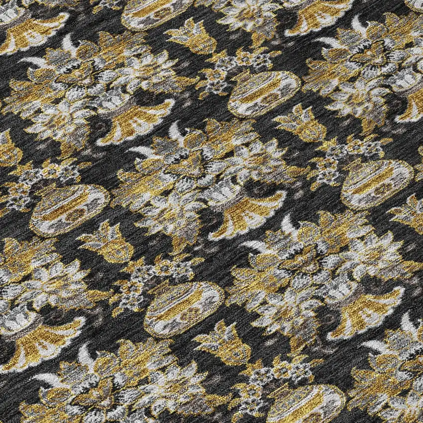 Black And Wheat Floral Washable Indoor Outdoor Area Rug Photo 8