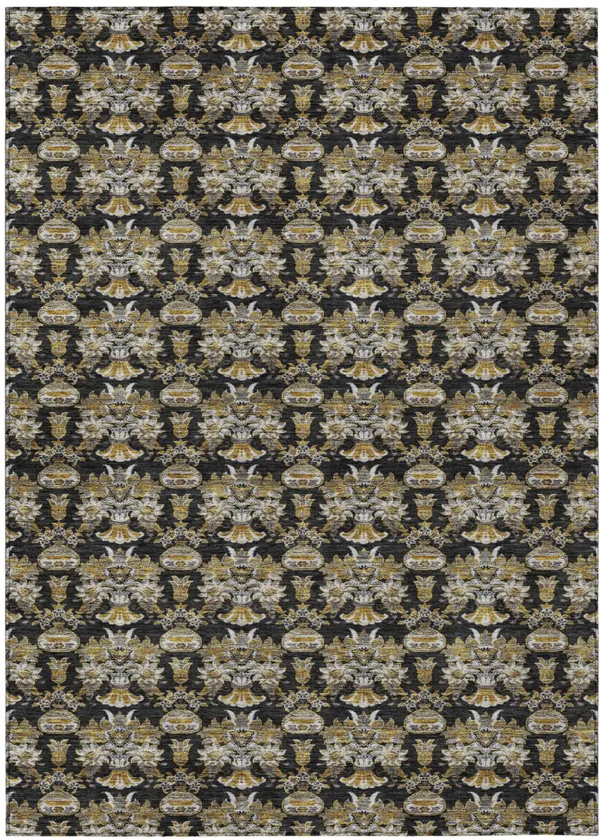 Black And Wheat Floral Washable Indoor Outdoor Area Rug Photo 2