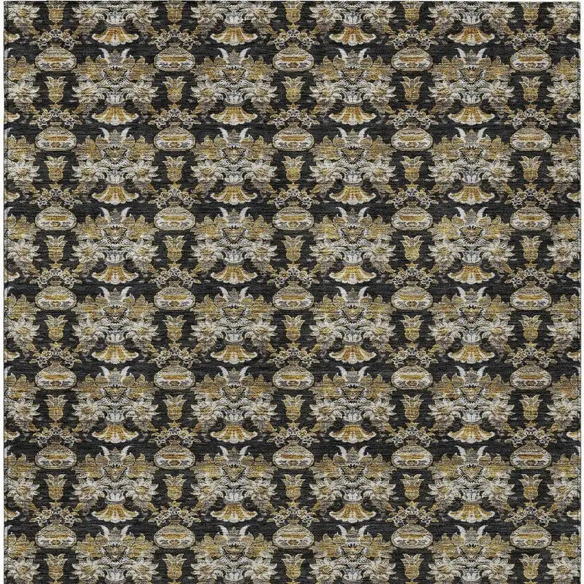 Black And Wheat Floral Washable Indoor Outdoor Area Rug Photo 4