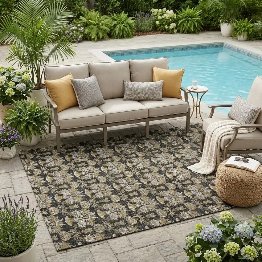 Black And Wheat Floral Washable Indoor Outdoor Area Rug Photo 1