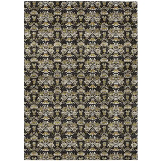 Black And Wheat Floral Washable Indoor Outdoor Area Rug Photo 2
