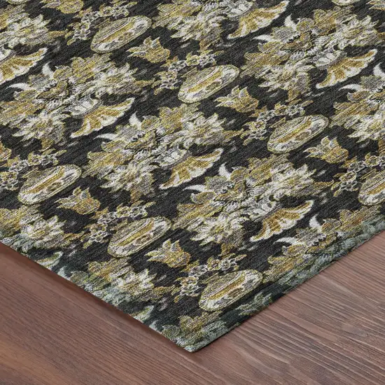Black And Wheat Floral Washable Indoor Outdoor Area Rug Photo 6