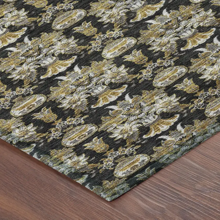 Black And Wheat Floral Washable Indoor Outdoor Area Rug Photo 6