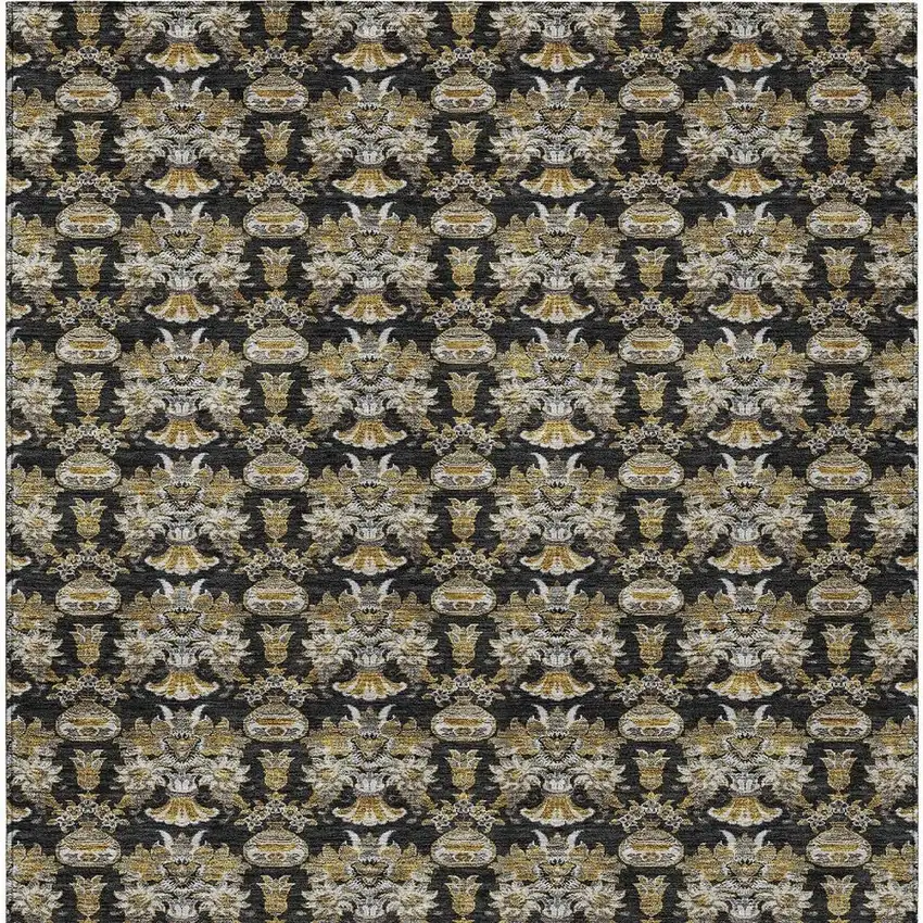 Black And Wheat Floral Washable Indoor Outdoor Area Rug Photo 5