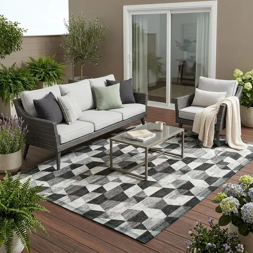 Black And Wheat Geometric Washable Indoor Outdoor Area Rug Photo 1