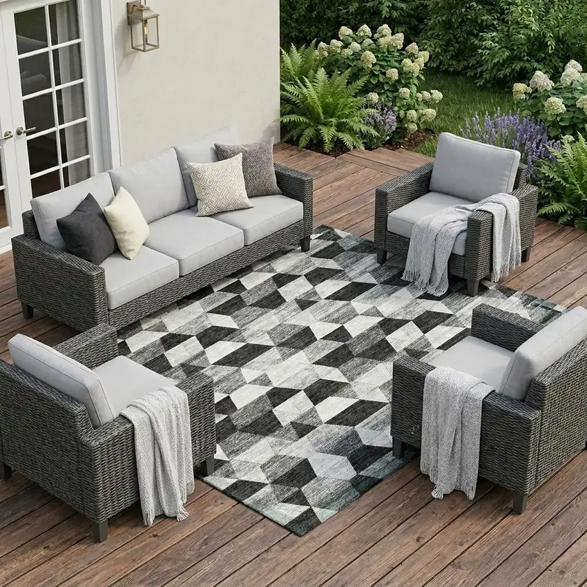 Black And Wheat Geometric Washable Indoor Outdoor Area Rug Photo 1