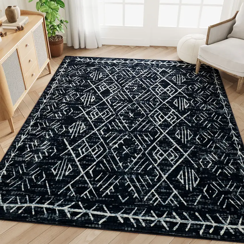 Black And White Abstract Geometric Distressed Washable Area Rug Photo 6
