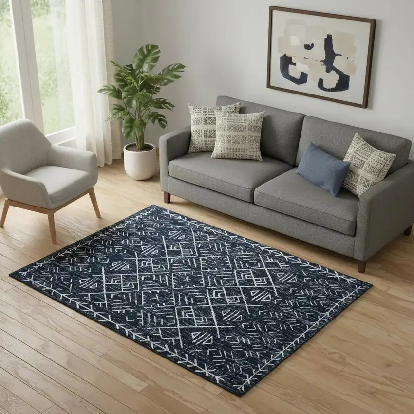 Black And White Abstract Geometric Distressed Washable Area Rug Photo 1